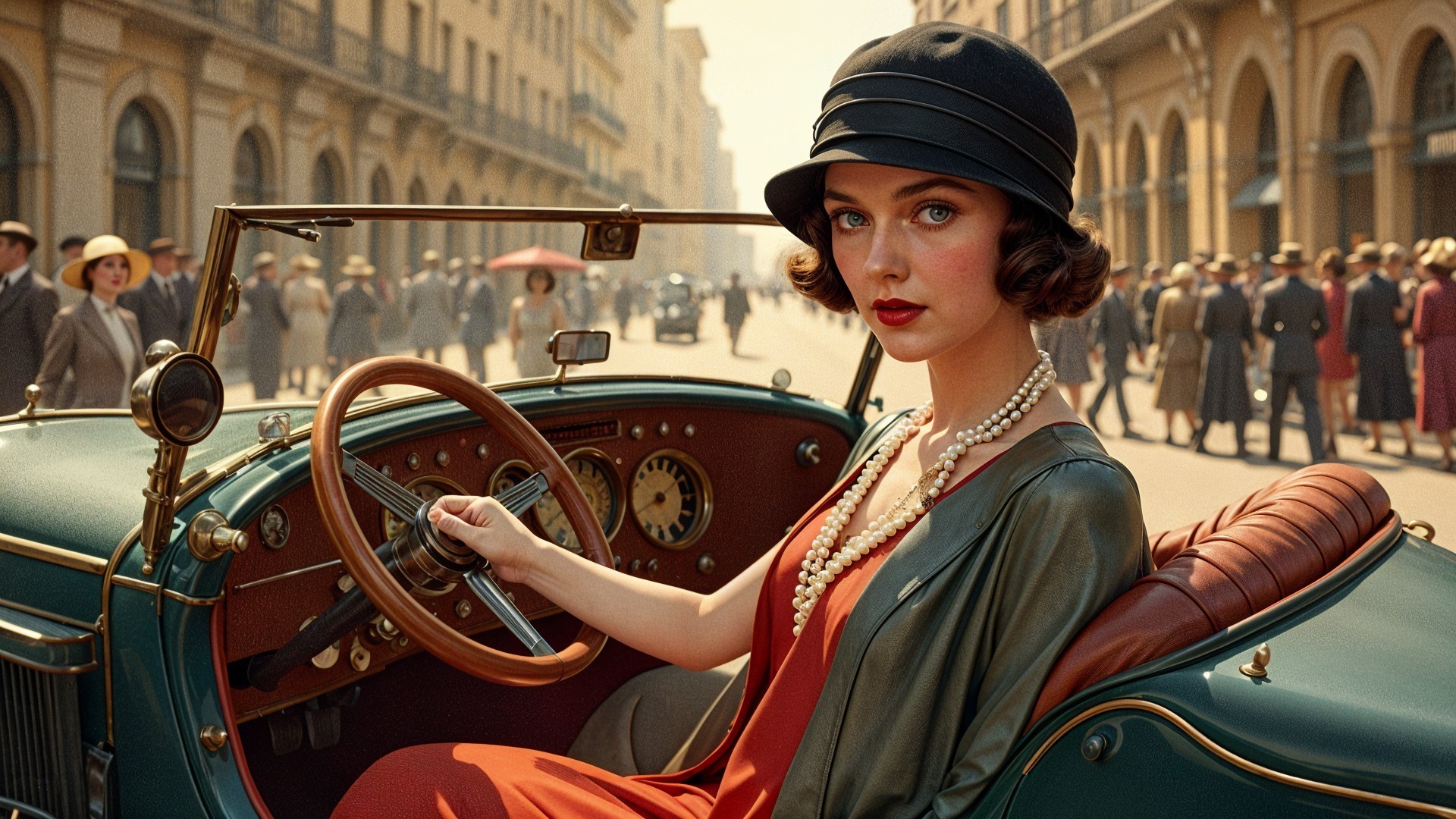 Vintage Elegance: Woman in Red Dress and Classic Car
