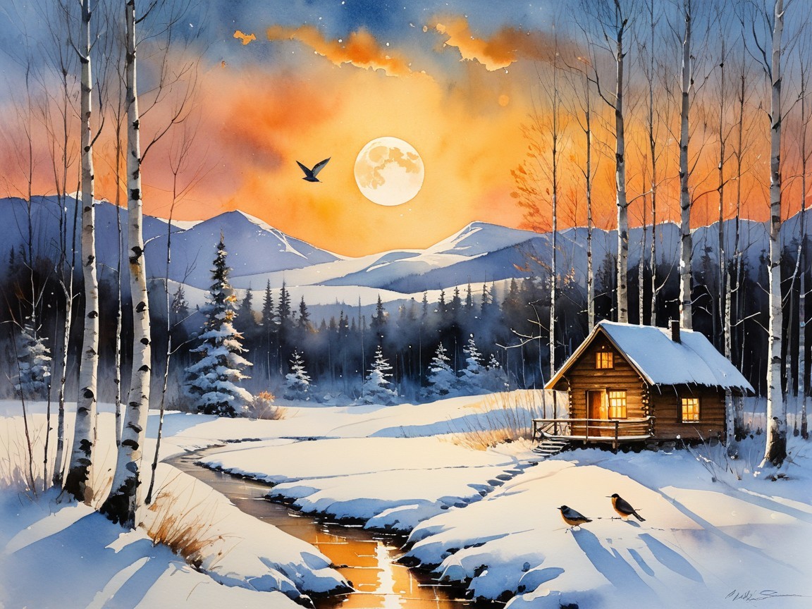 Cozy Cabin in a Snowy Winter Landscape at Night