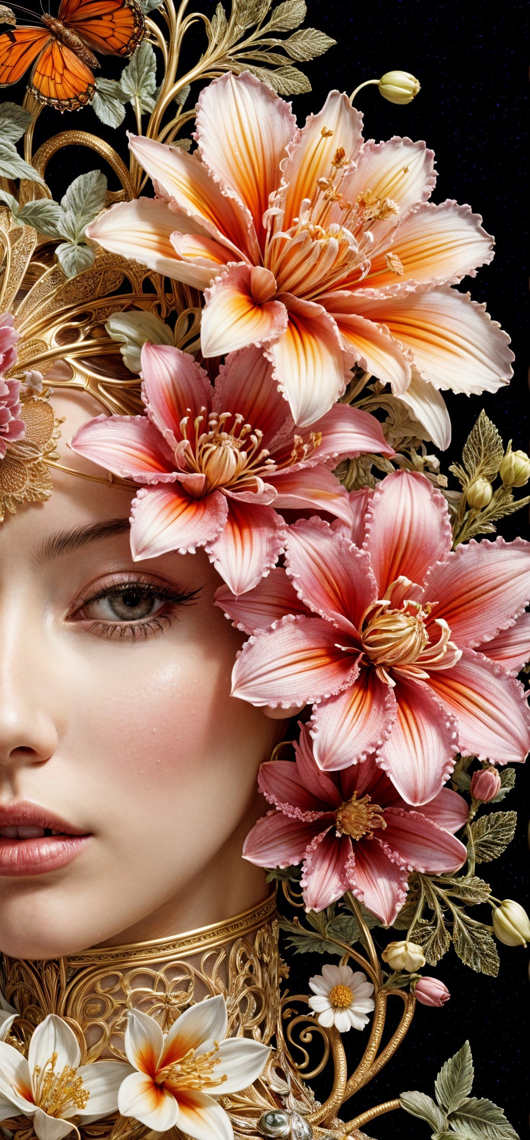 Close-Up Portrait of a Woman with Floral Accents