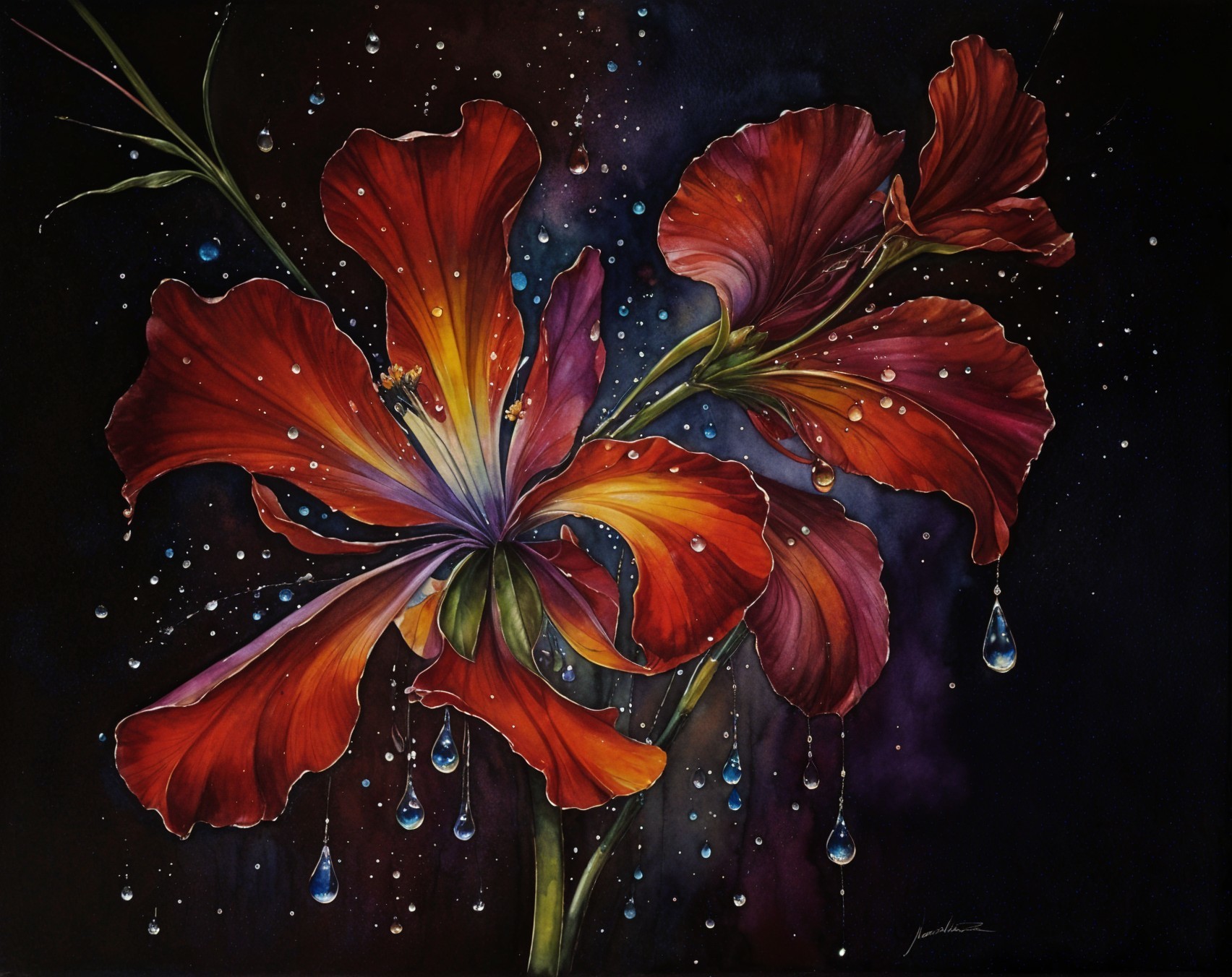 Close-Up of Red and Orange Flowers with Raindrops