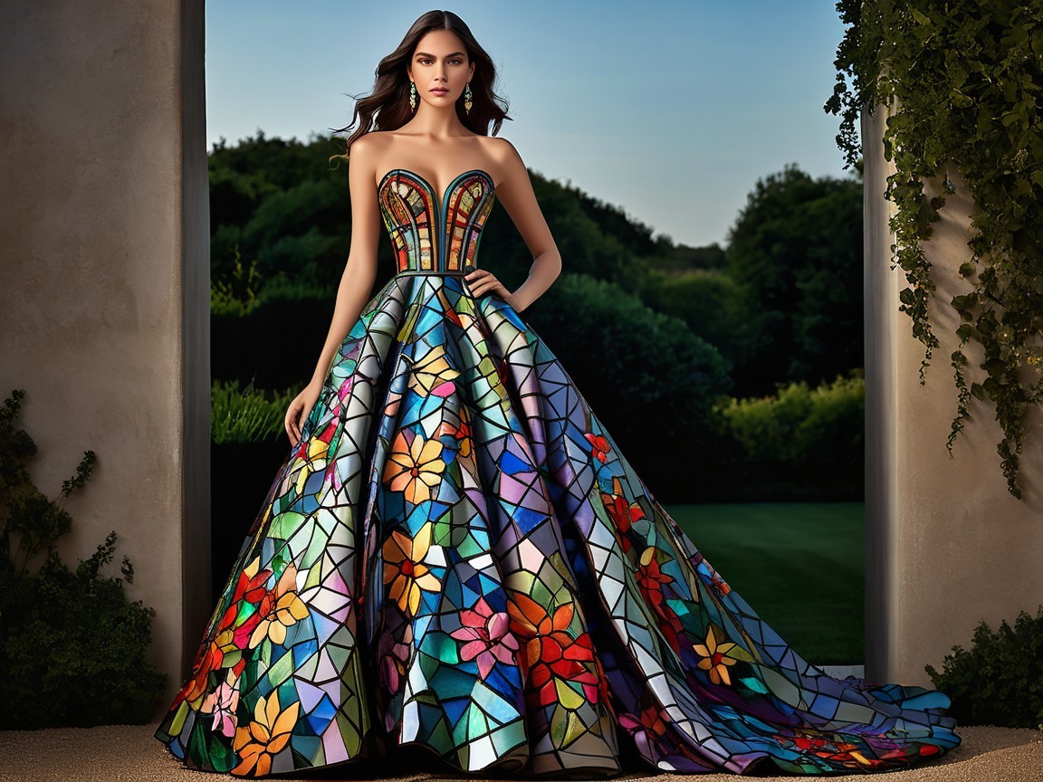 Strapless Gown with Vibrant Stained Glass Design