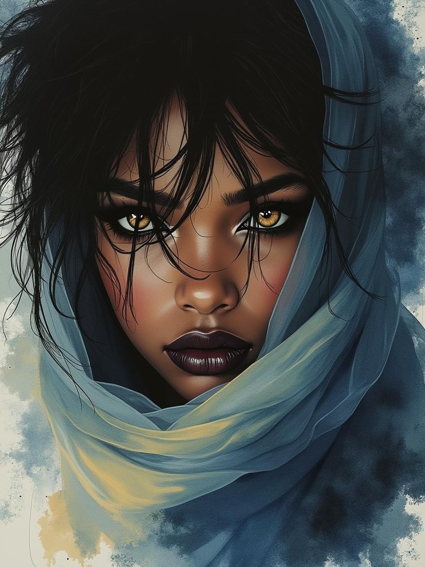 Portrait of a Woman with Golden Eyes and Dark Skin