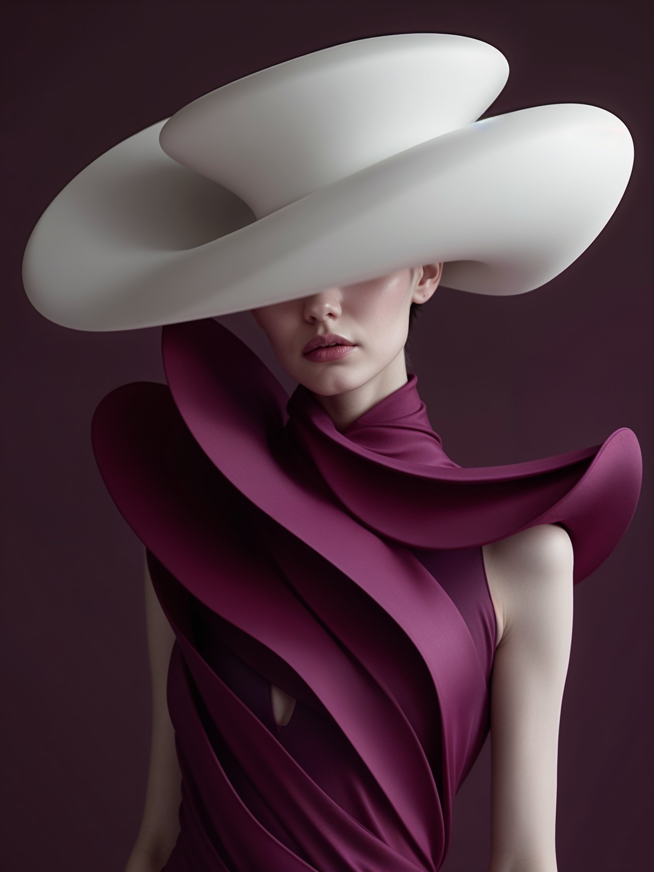 Portrait of a Model in Oversized White Hat and Plum Gown