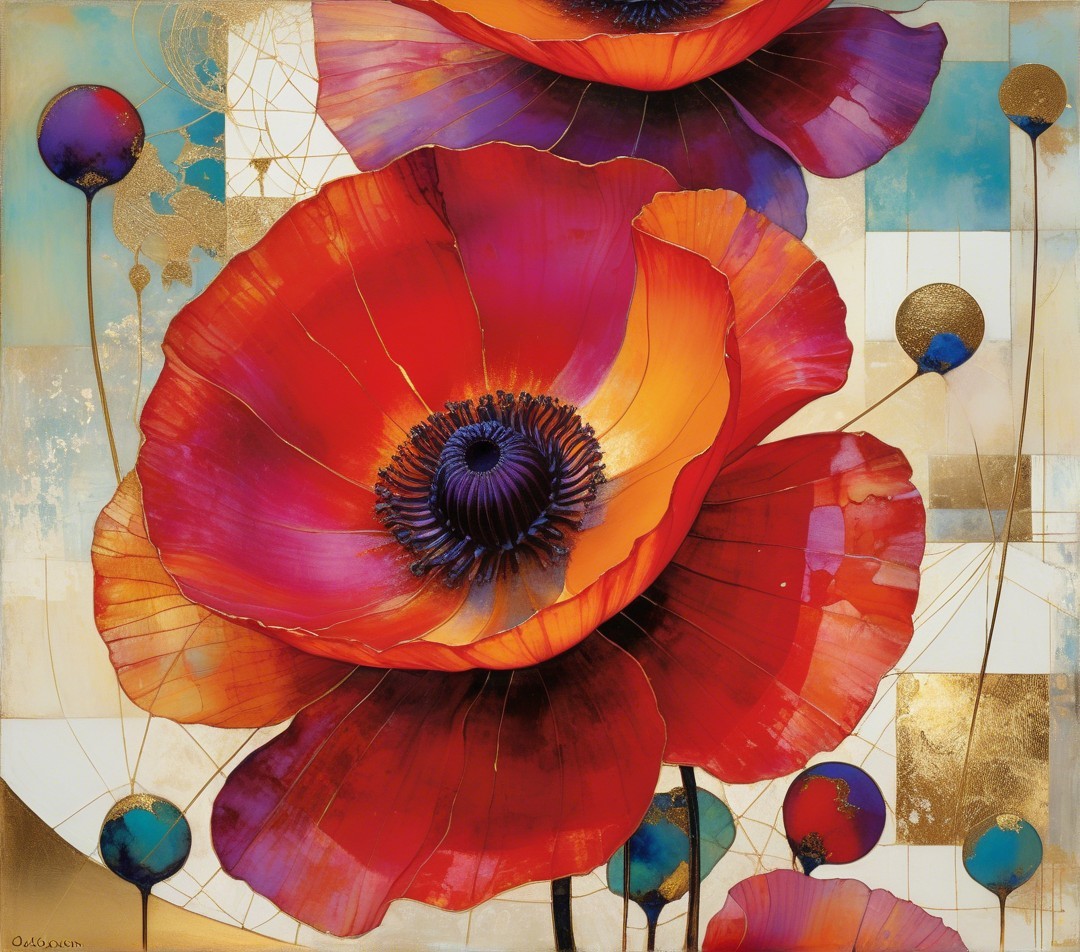 Vibrant Red Poppies with Abstract Geometric Background