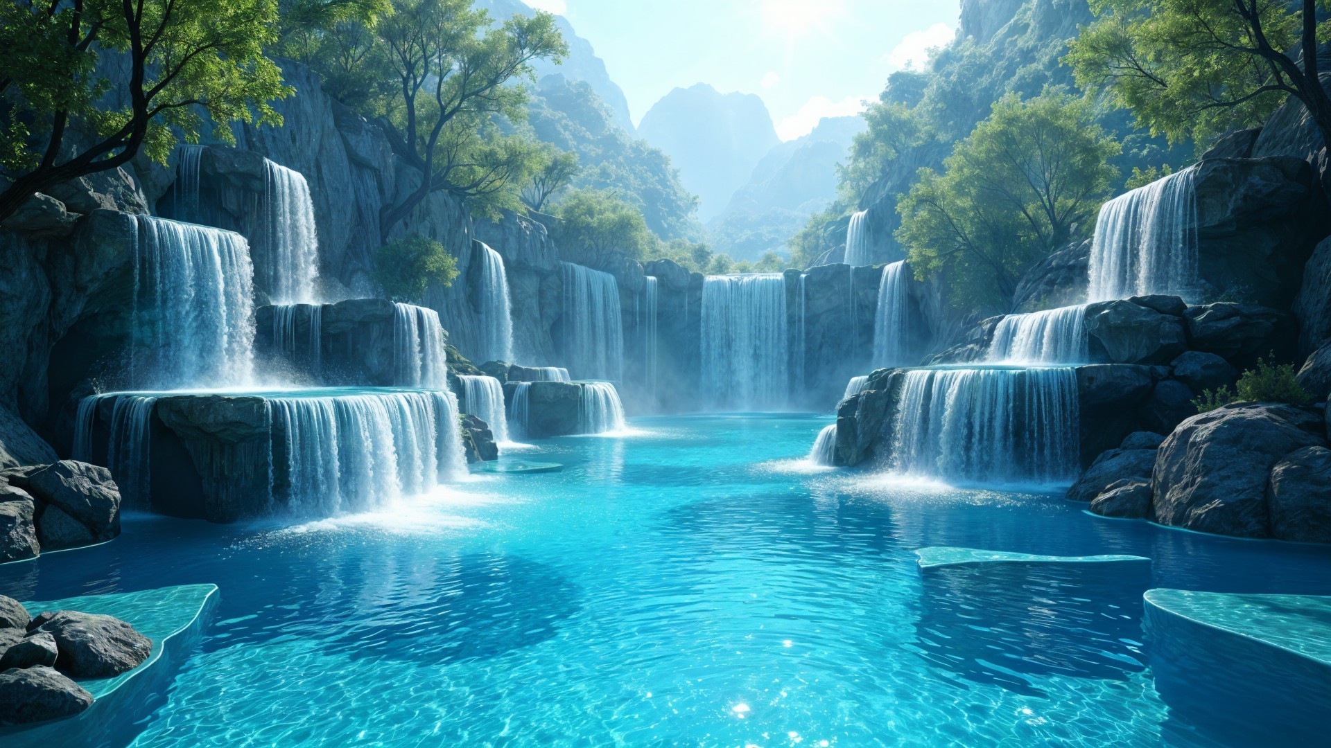 Cascading Waterfalls and Turquoise Lake Landscape
