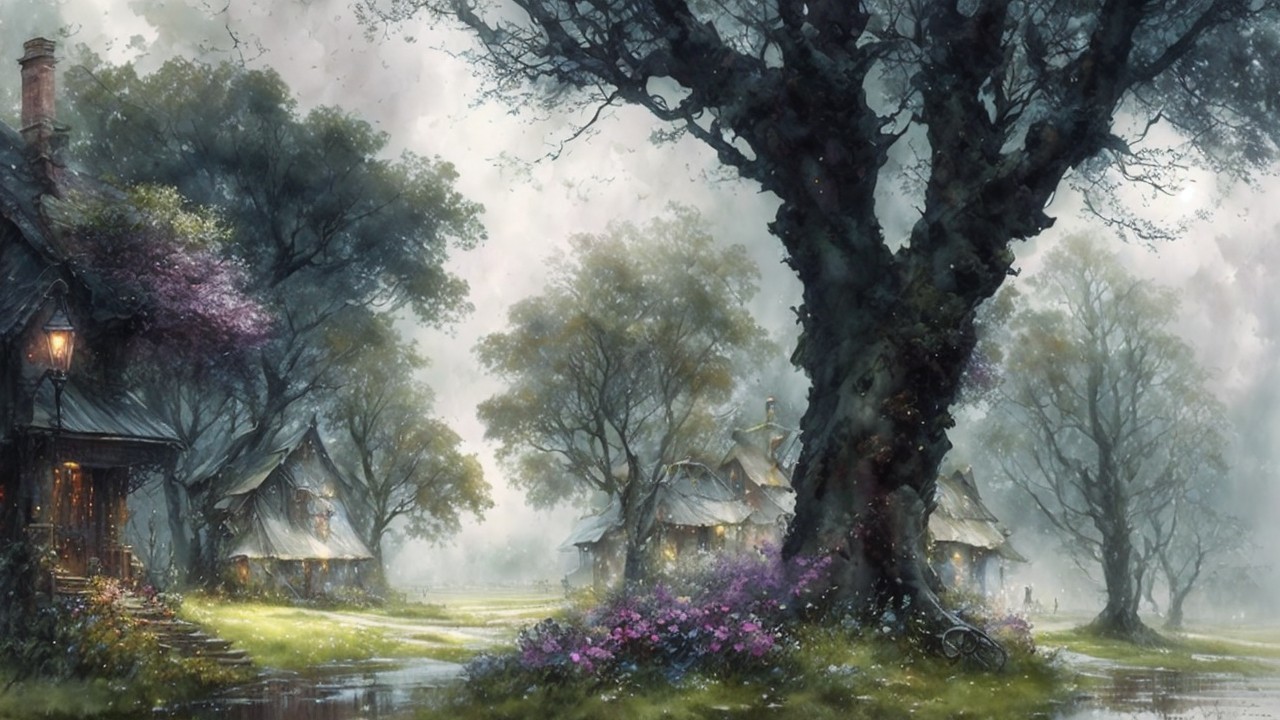 Misty Landscape with Quaint Cottages and Flowers