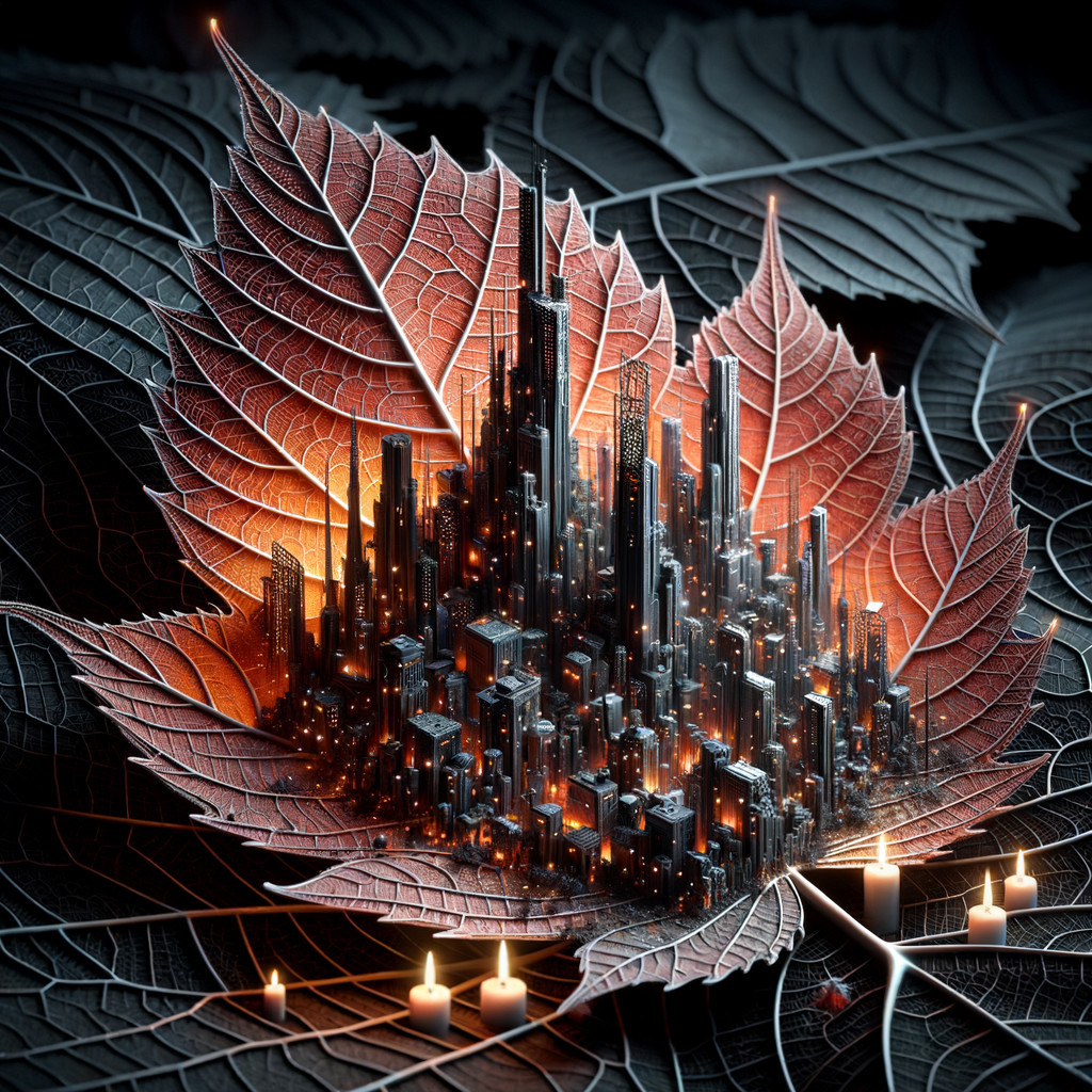 Futuristic Cityscape Within a Vibrant Leaf Scene