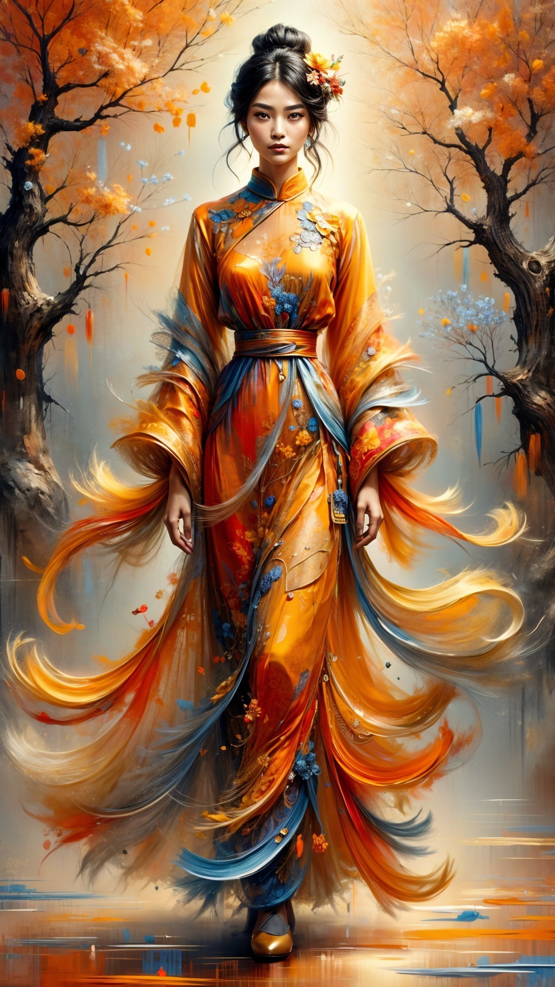 Ornate Orange Gown Amidst Autumn Trees