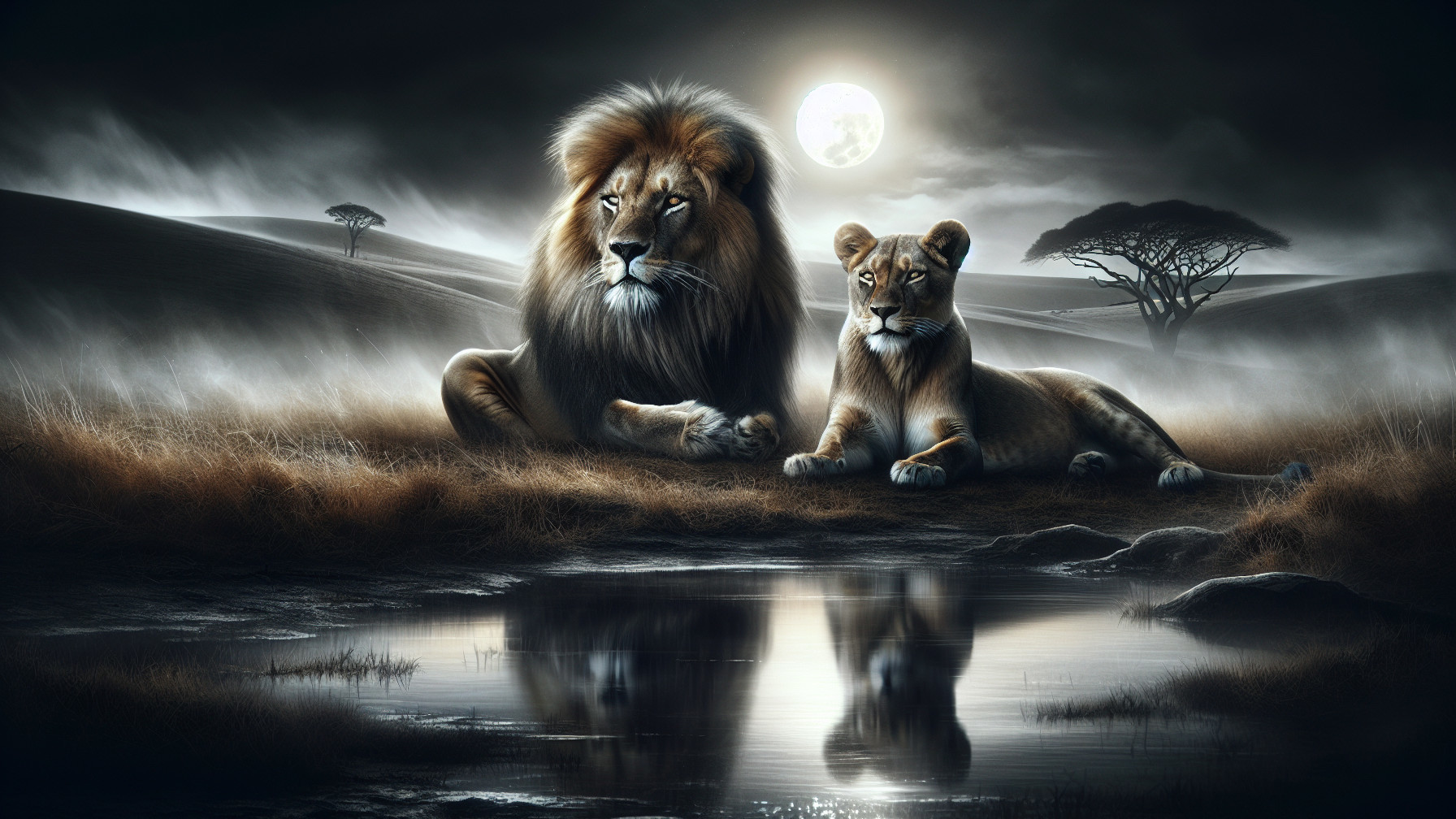 Lions Resting by Waterhole Under Full Moonlight