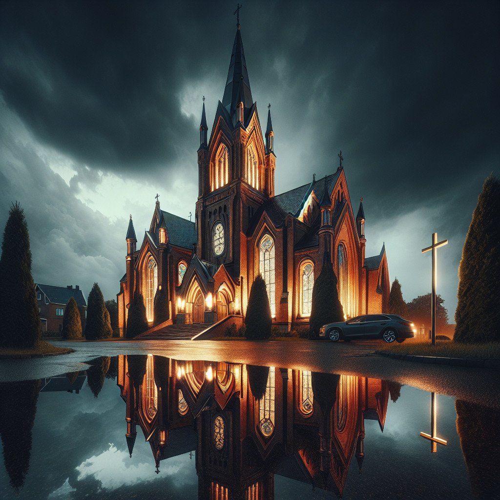 Gothic Church Against Dramatic Sky and Reflections