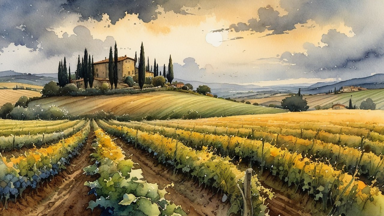 Tranquil Watercolor Landscape of Vineyards and Hills