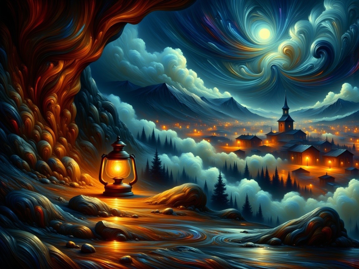 Serene night scene with glowing lantern and village