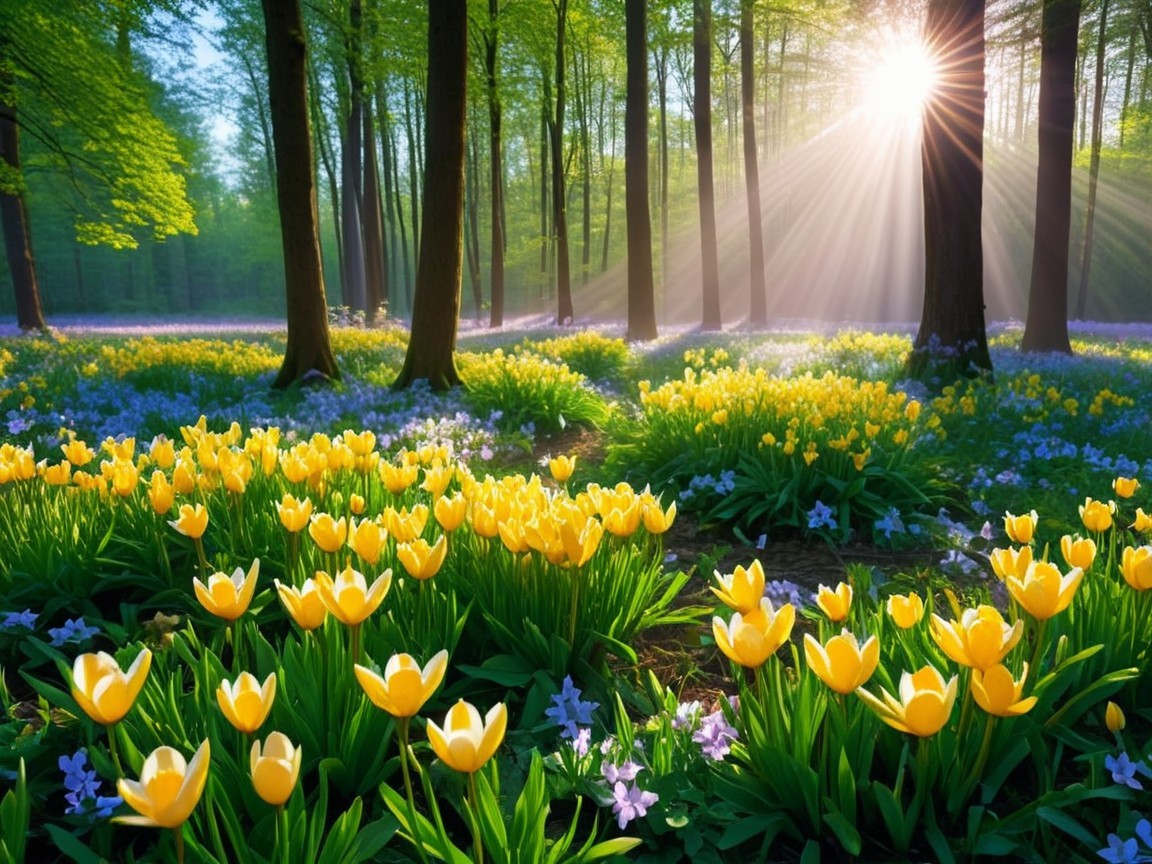 Vibrant Forest Scene with Sunlight and Colorful Flowers