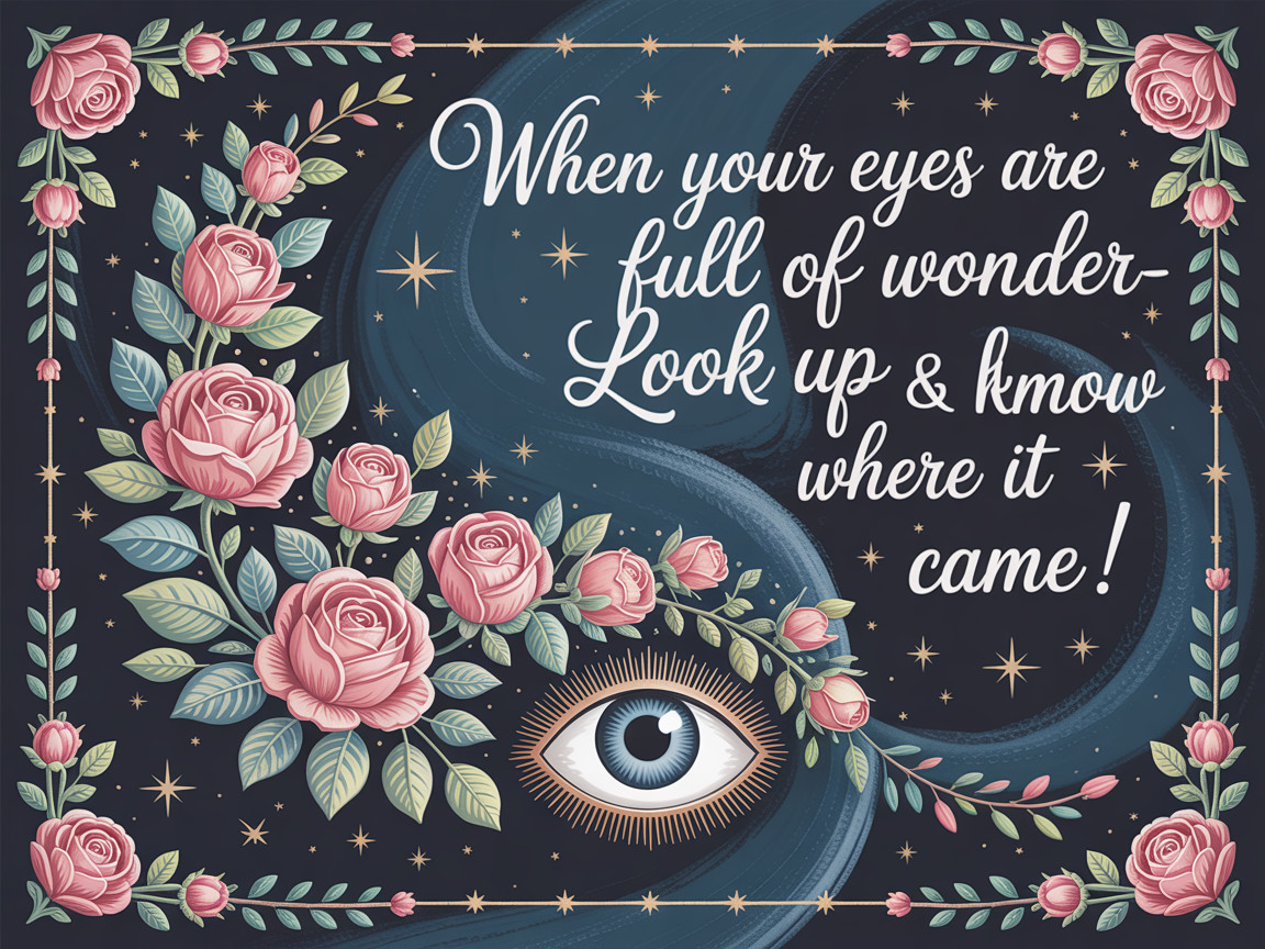 Dark Starry Background with Pink Roses and Eye Design