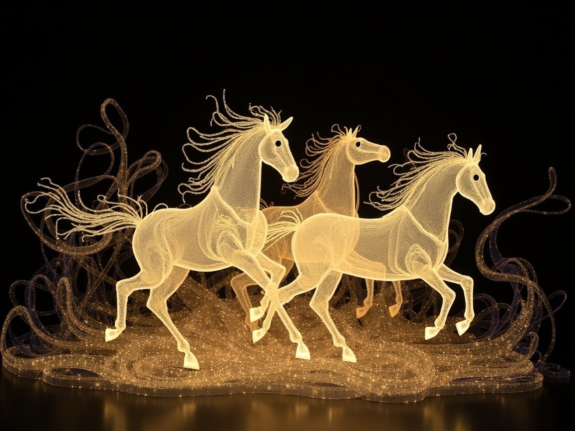 Elegant Wireframe Horses in Soft Warm Light