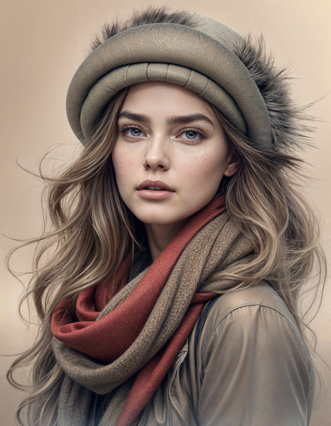 Young woman in cozy hat and scarf with serene expression