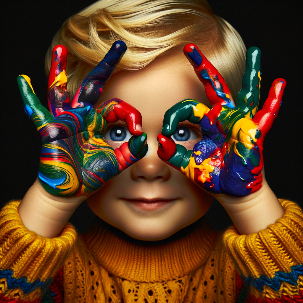 Child with Colorful Hands and Vibrant Blue Eyes