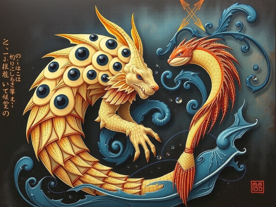 Dragon and Fish Intertwined in a Blue Ocean Scene