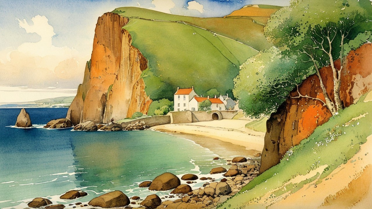 Coastal Landscape with Beach, Cliffs, and House