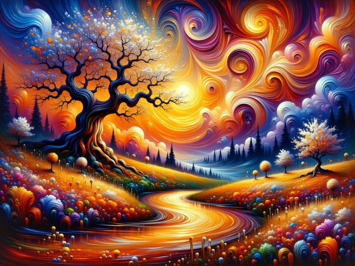 Vibrant Landscape Oil Painting with Central Tree and Sun