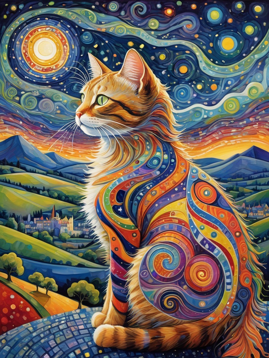 Stylized Cat Against a Swirling Night Sky Background