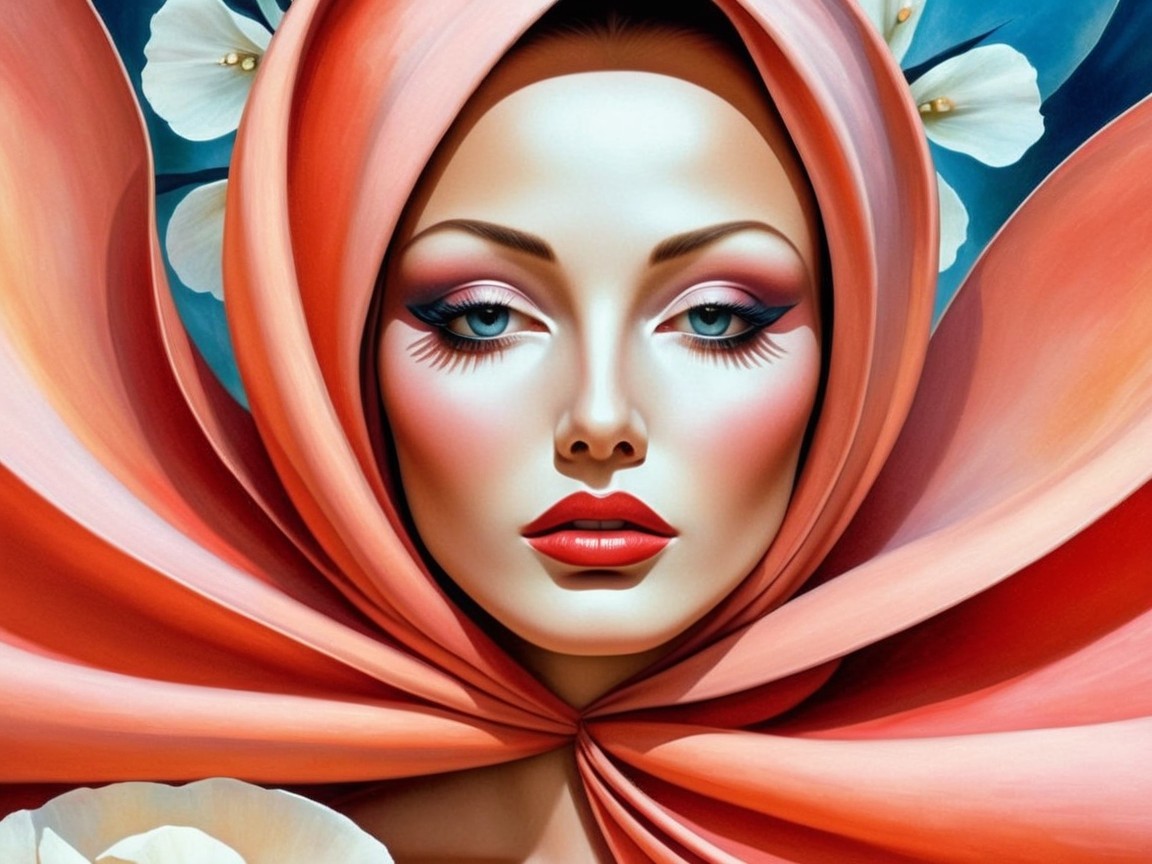 Portrait of a woman with coral scarf and dramatic makeup