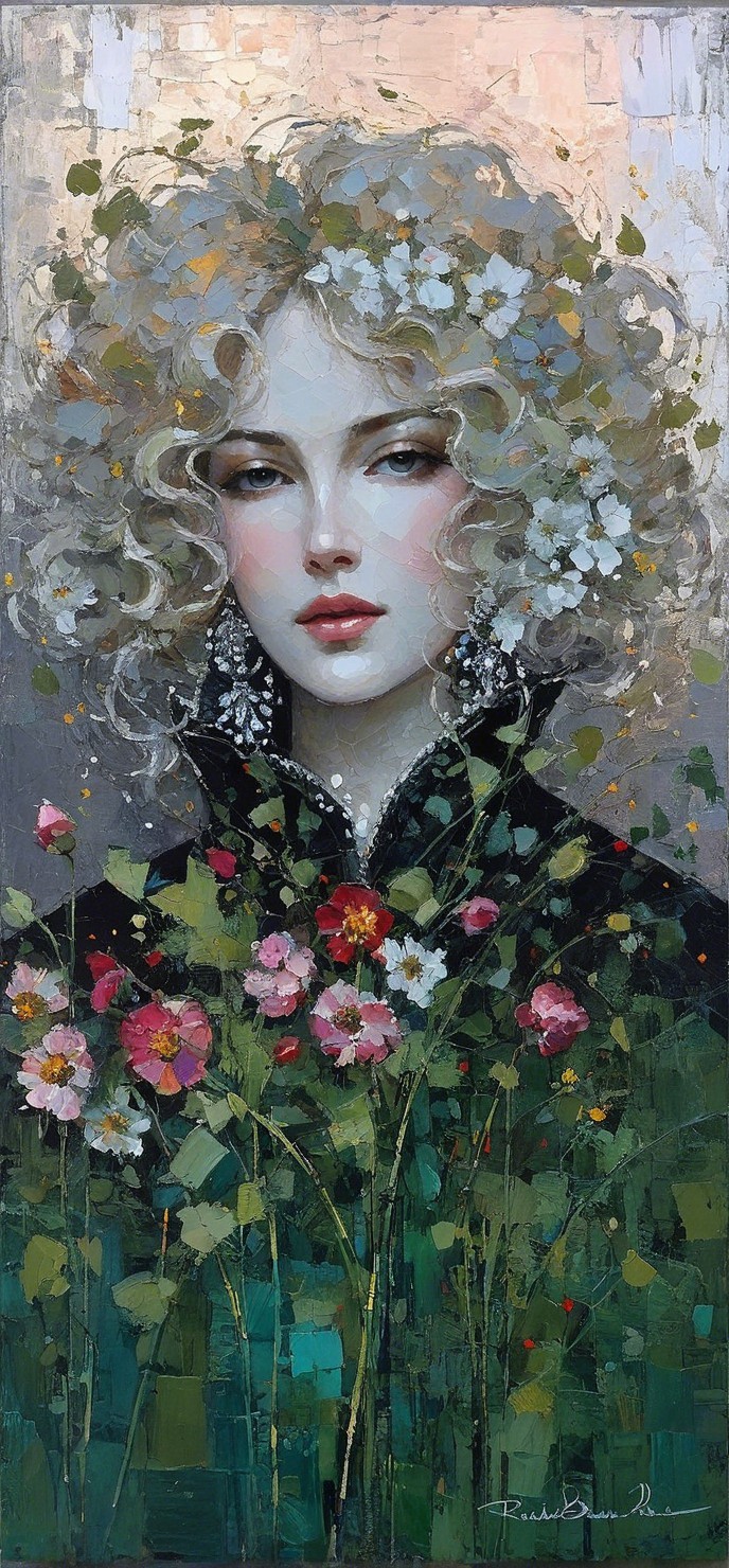 Young Woman with Flowers in Serene Floral Setting