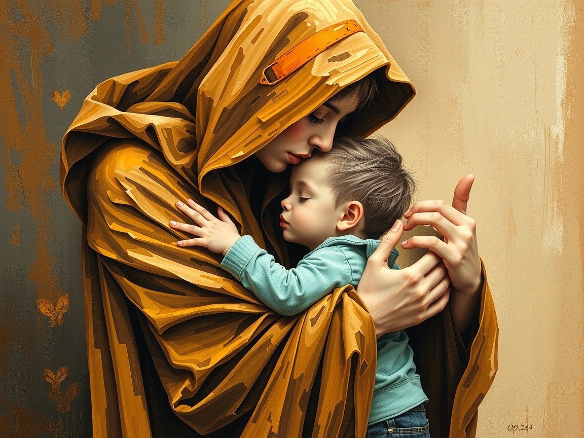 Intimate scene of a person cradling a sleeping child