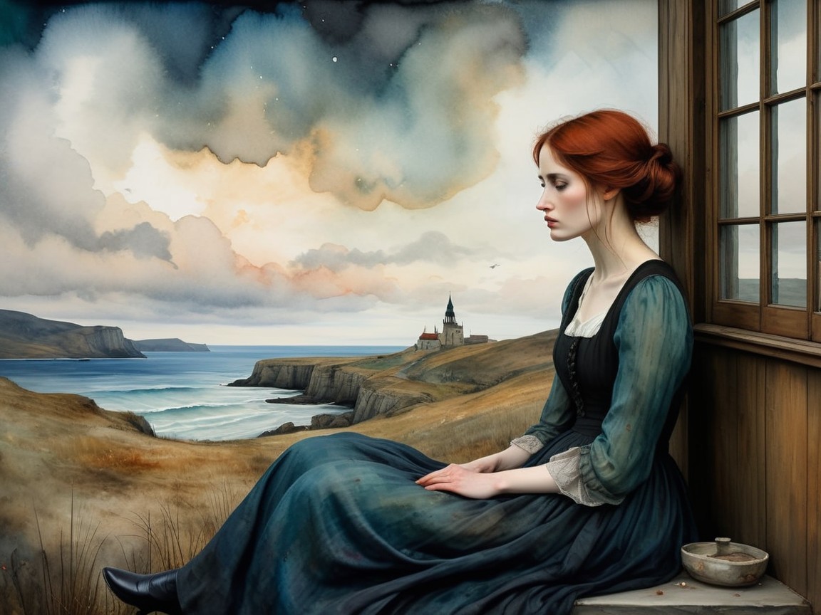 Solitary Woman with Red Hair on Coastal Windowsill