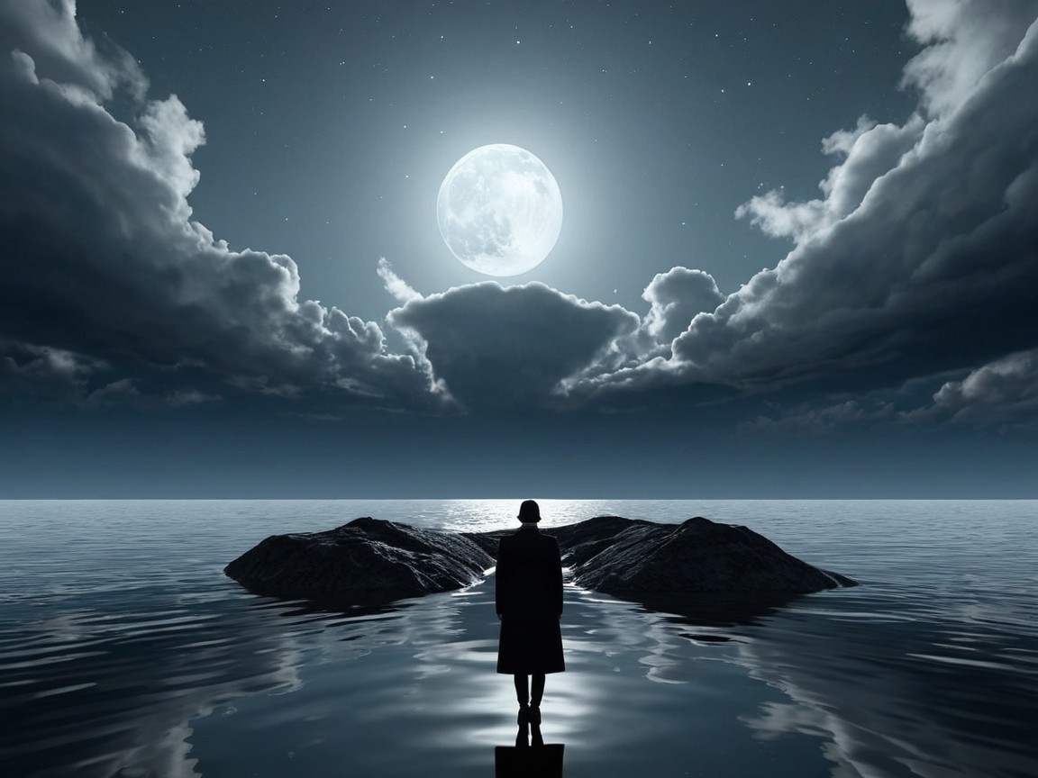 Solitary Figure by Tranquil Water Under Full Moon