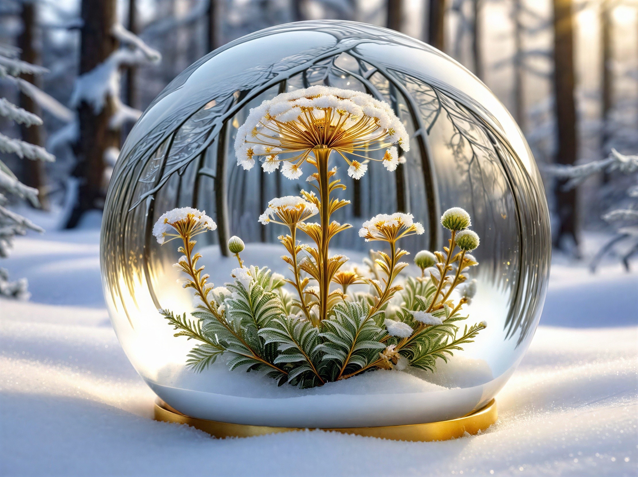 Glass Snow Globe with Snowy Plants in Winter Forest