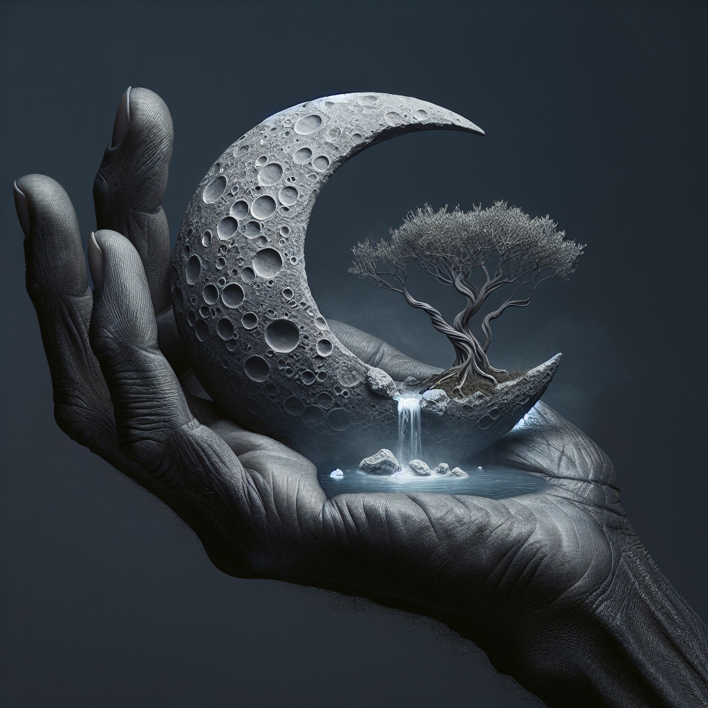 Textured Hand Holding Detailed Crescent Moon Scene