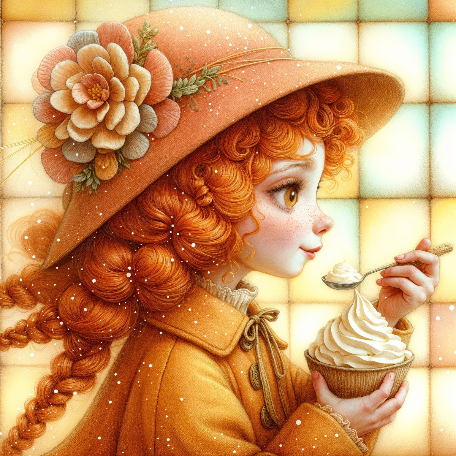 Whimsical Illustration of a Girl with Cupcake and Hat