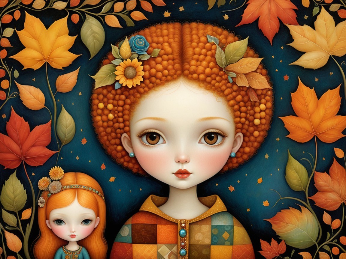 Stylized Girls Surrounded by Vibrant Autumn Leaves