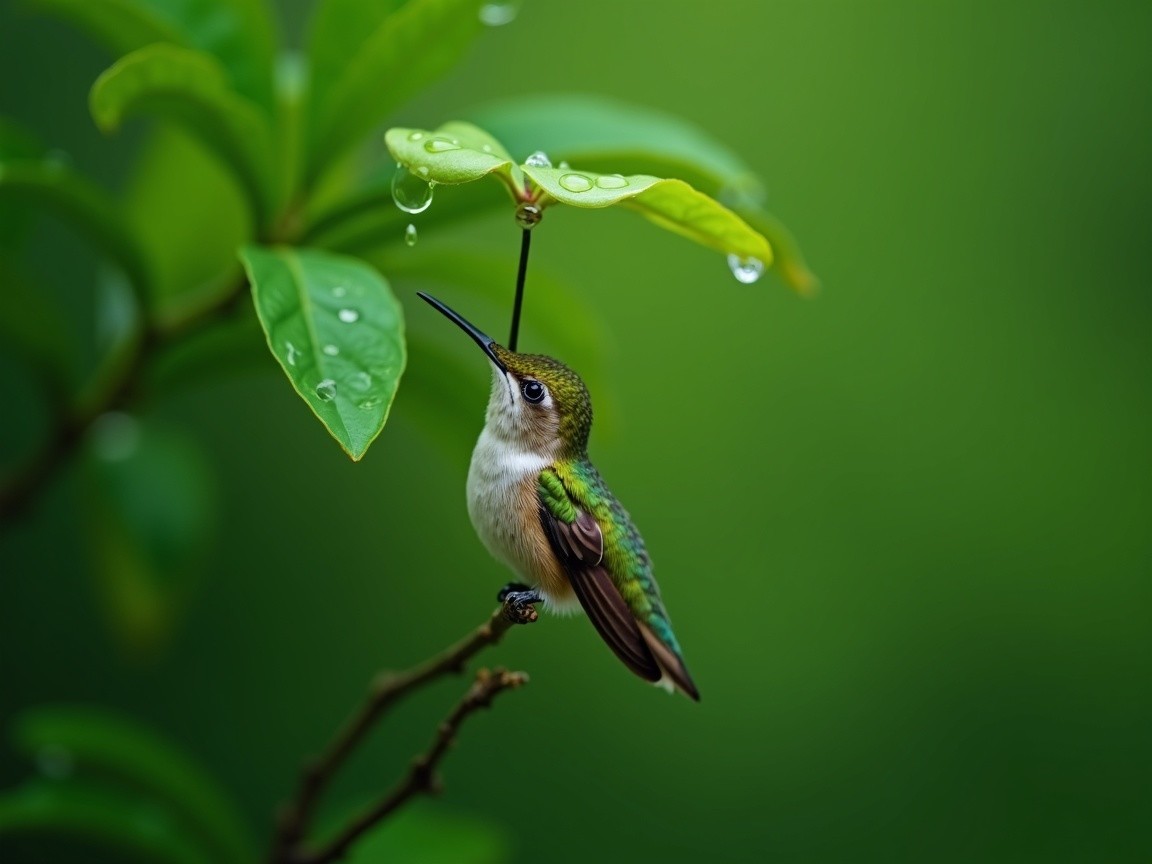 Hummingbird on Branch Amidst Raindrops and Leaves