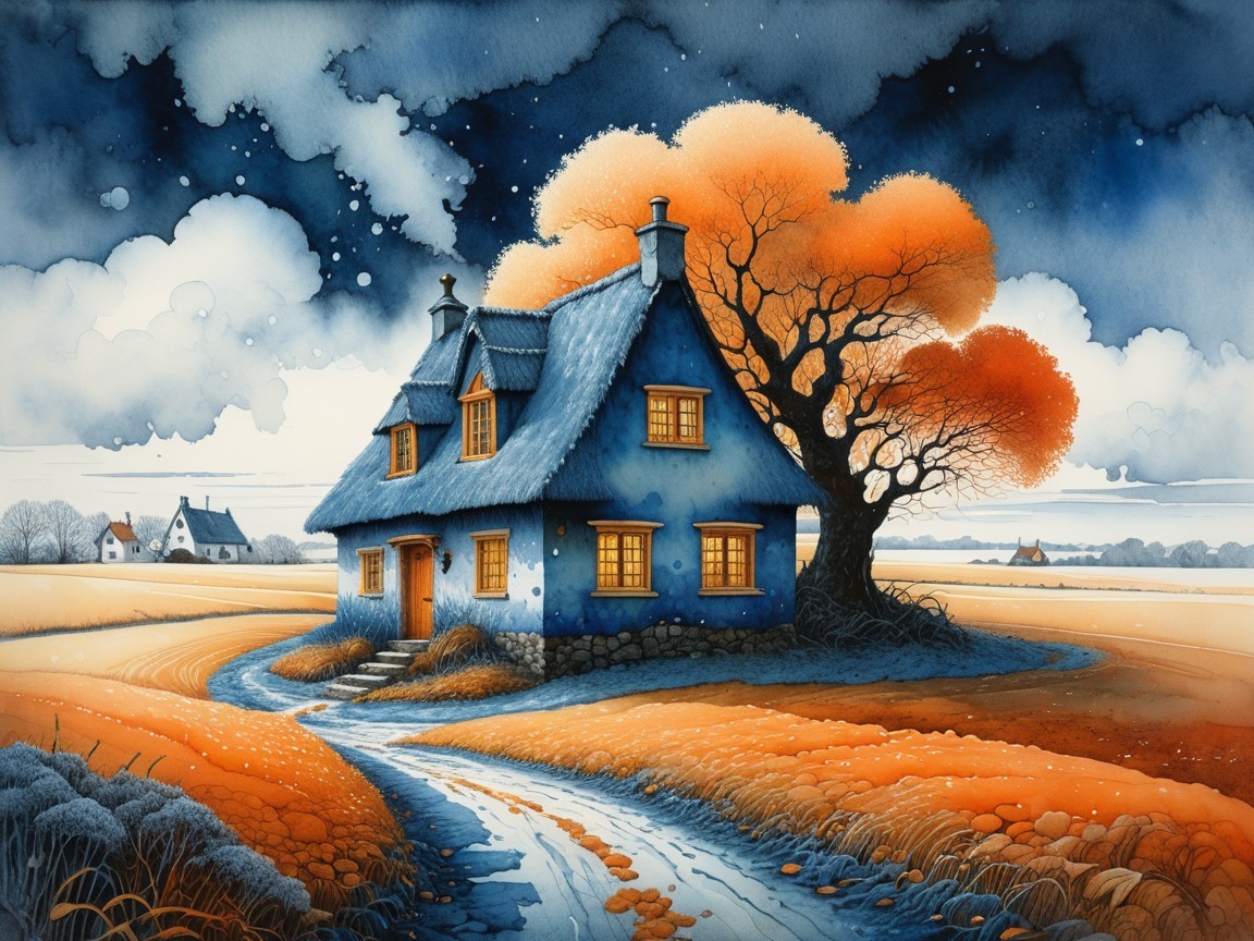 Whimsical Cottage in Vibrant Landscape at Night