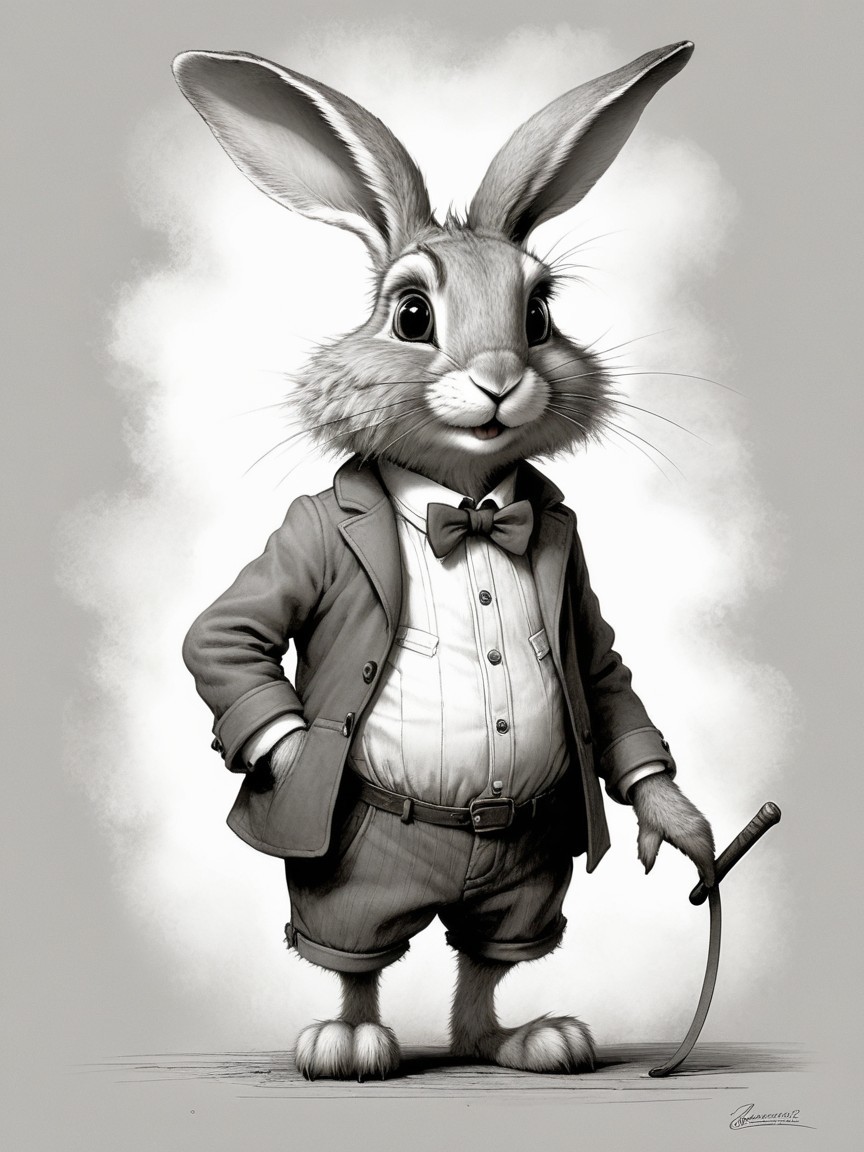 Dapper Rabbit in Tailored Suit with Cane and Bow Tie