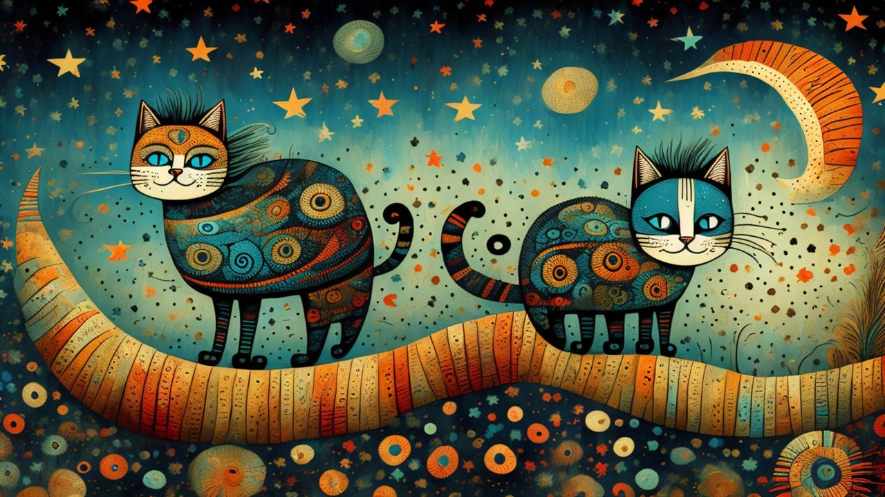 Whimsical Cats on a Branch Under Starry Night Sky