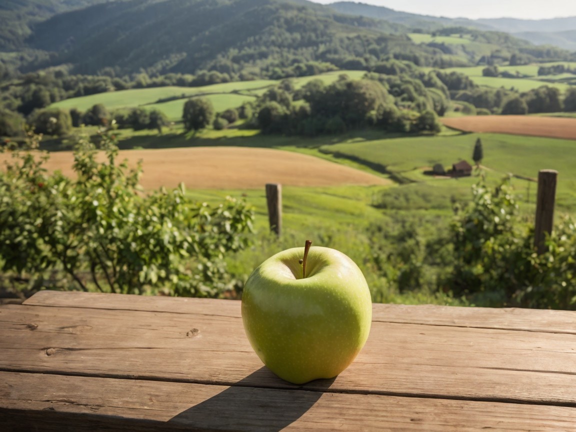 Green Apple on Rustic Table with Scenic Background