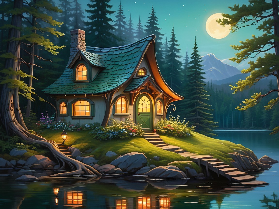 Cottage by Lakeshore with Green Roof and Moonlight