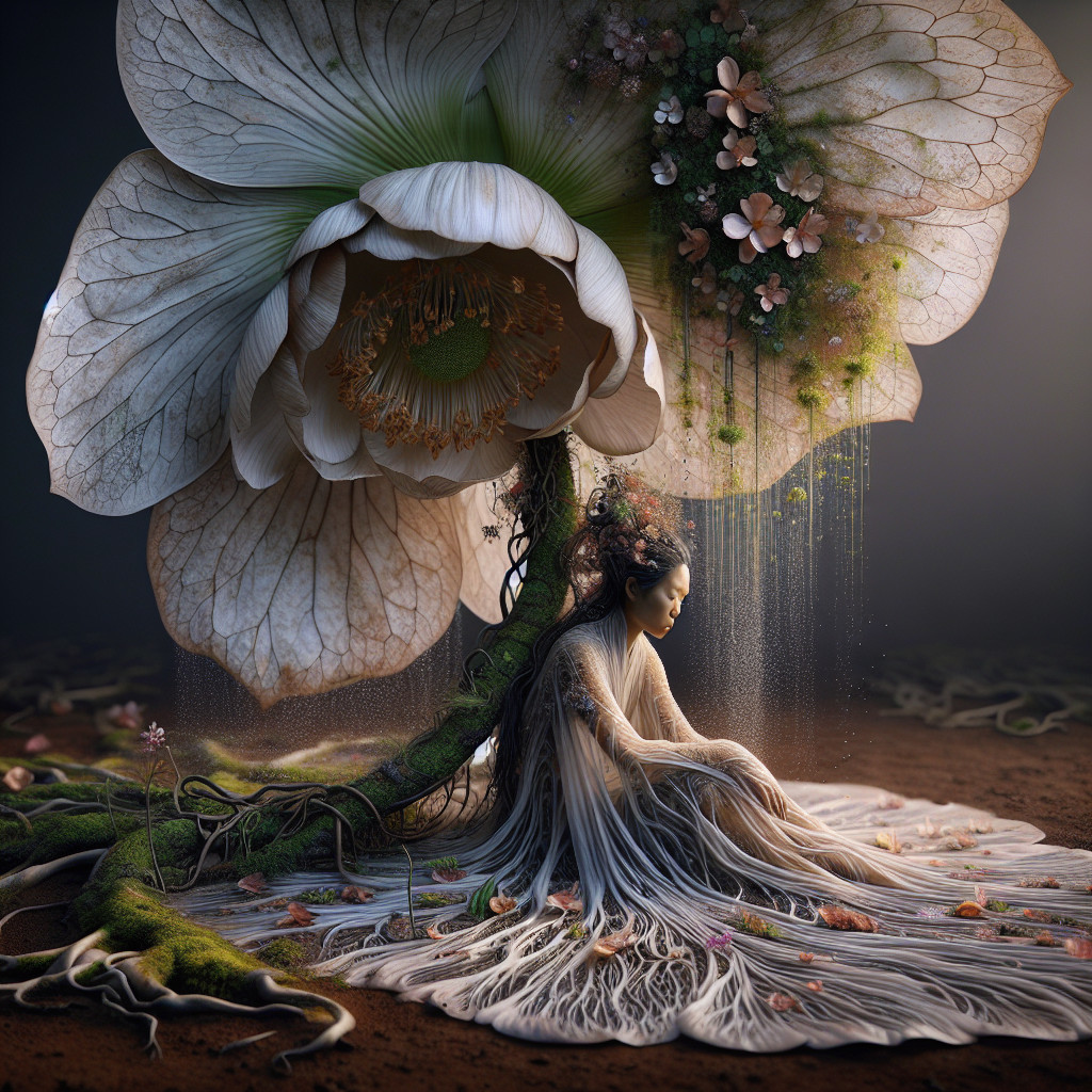 Serene figure beneath an ethereal flower canopy