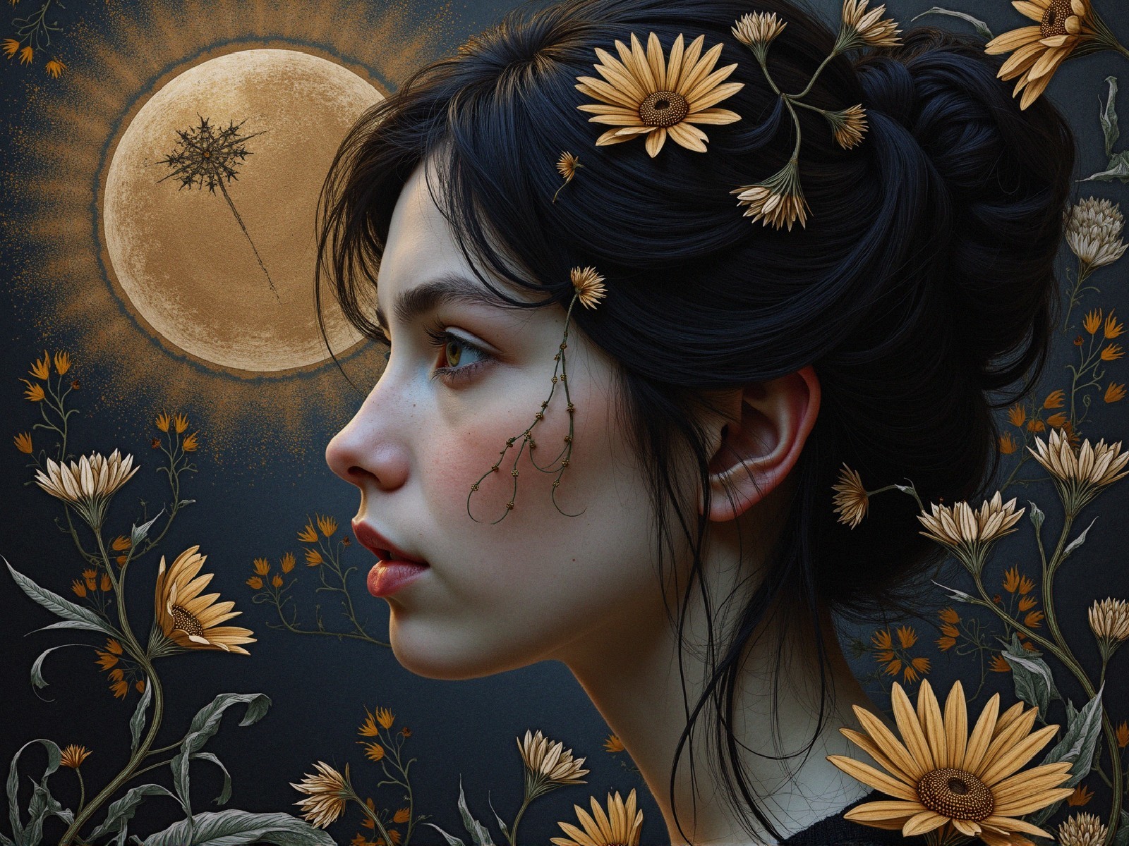 Young woman with floral hair and glowing moon backdrop
