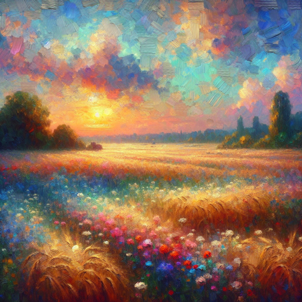 Vibrant Sunset Landscape with Wildflowers and Grasses