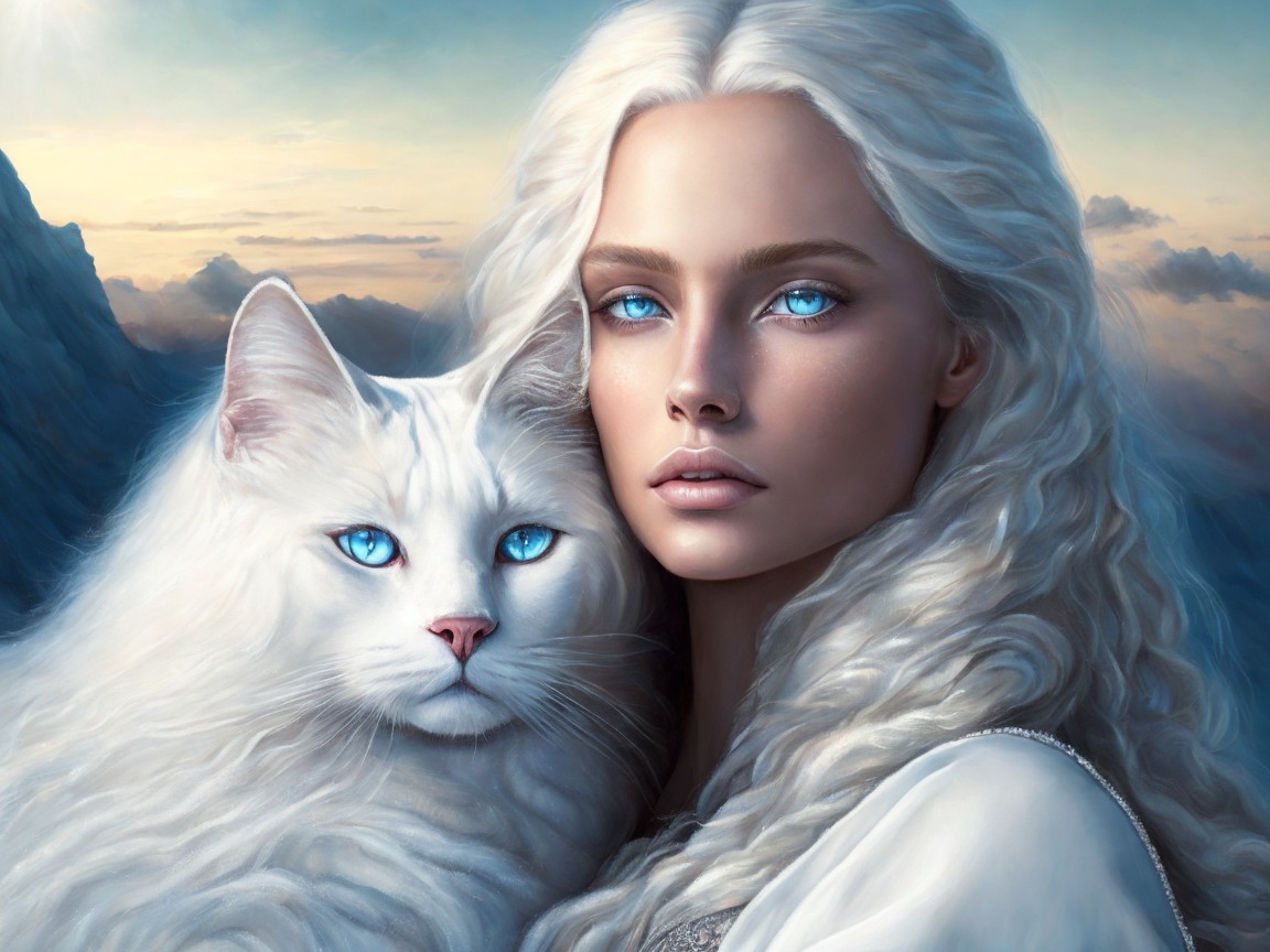Mystical Scene of Woman and White Cat in Dreamlike Sky