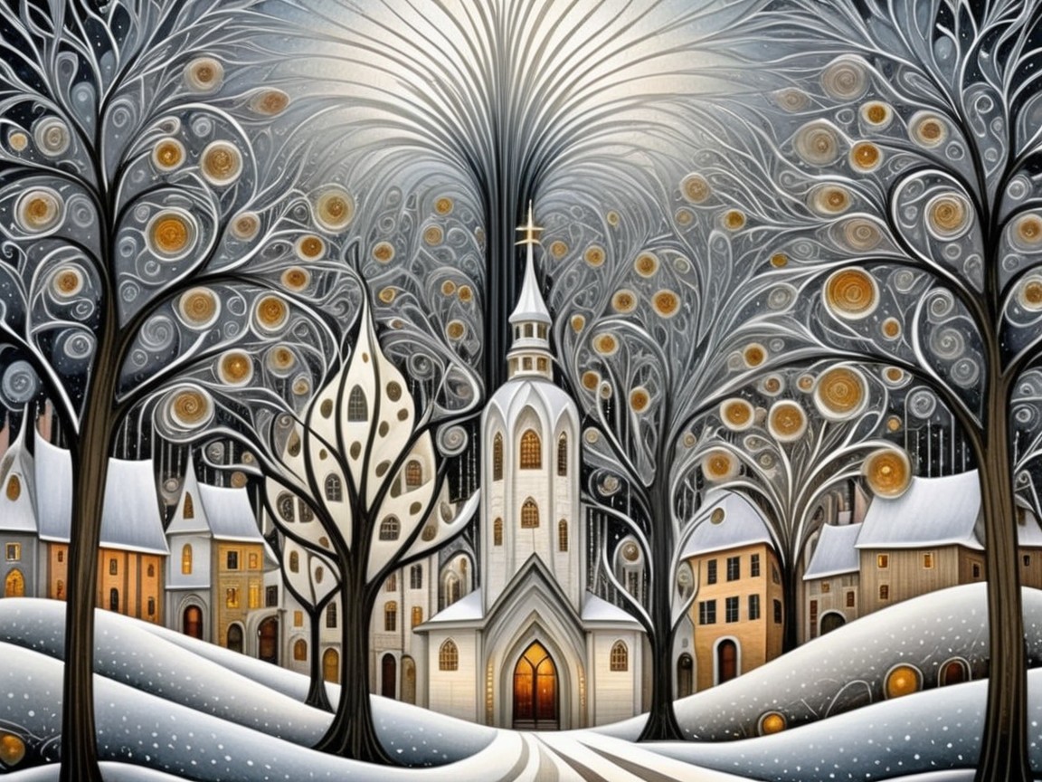 Winter Landscape with Church and Snowy Hills