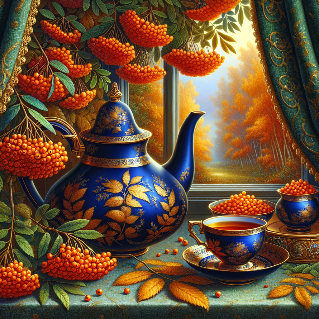 Vibrant Still Life with Blue Teapot and Autumn Foliage
