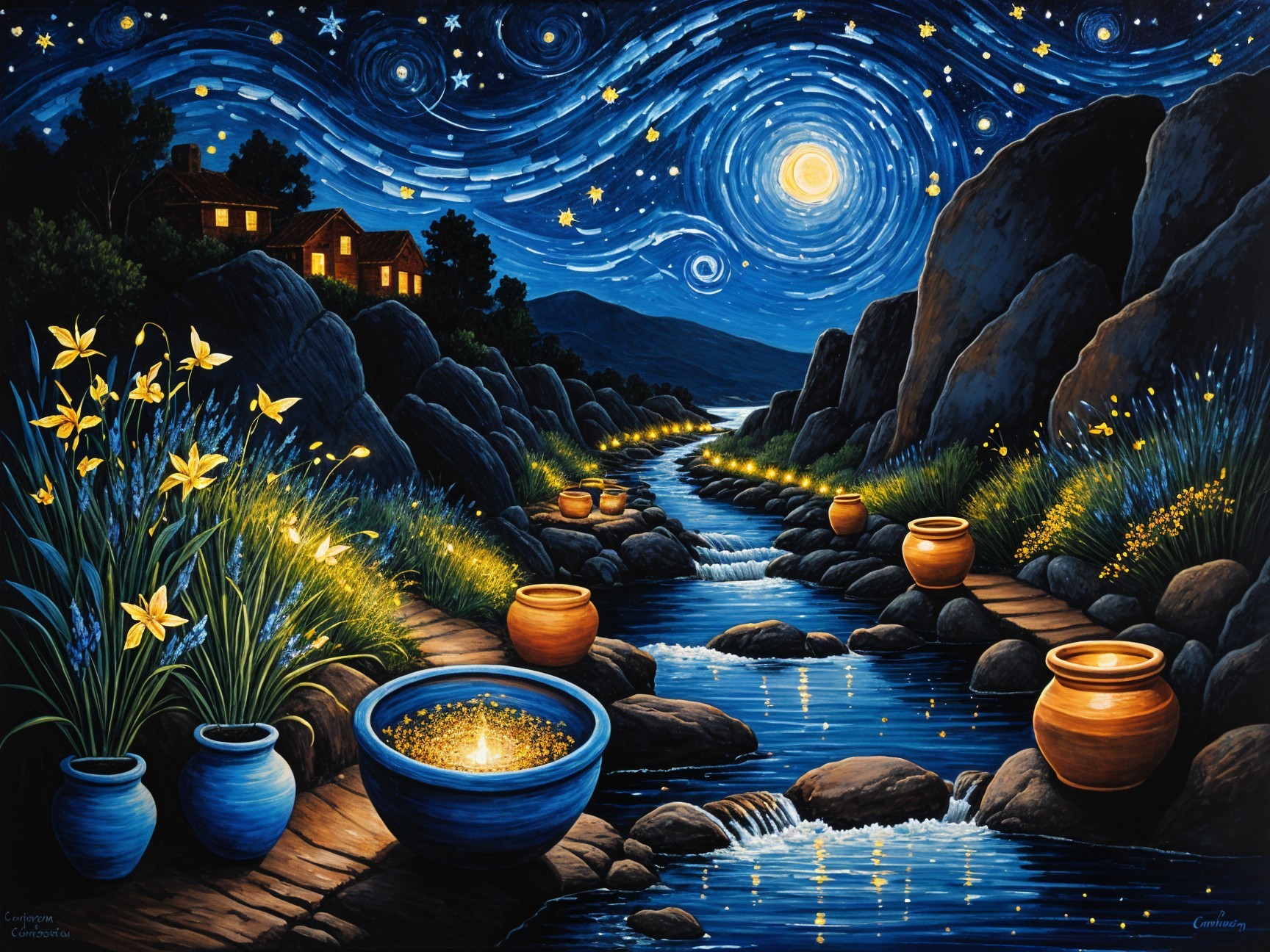 Serene Night Scene with River and Starry Sky