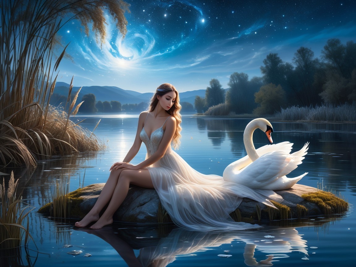 Twilight Scene at a Tranquil Lake with a Swan