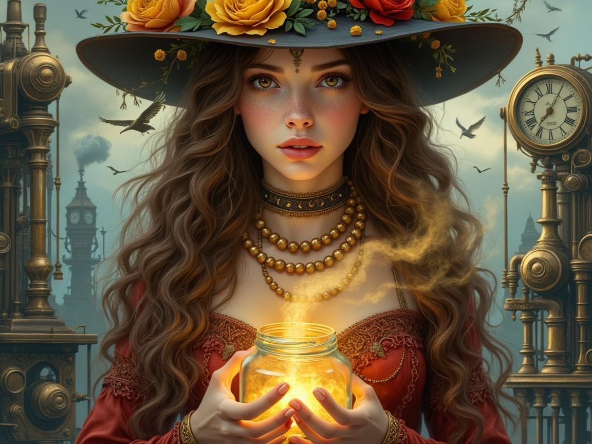 Young woman in red dress with glowing jar in steampunk setting