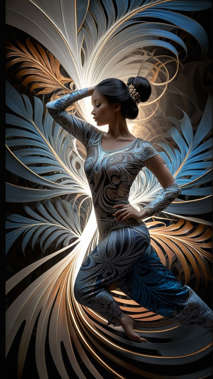 Elegant dancer poses with intricate patterned backdrop